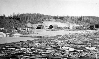 Canadian Lumber Camp on the shores of the Aguasabon River. 