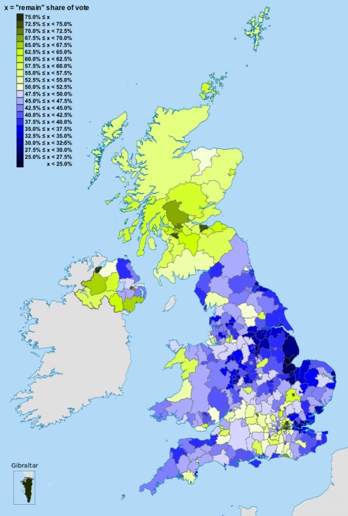 A map of the United Kingdom also showing how they voted to exit the European Union 