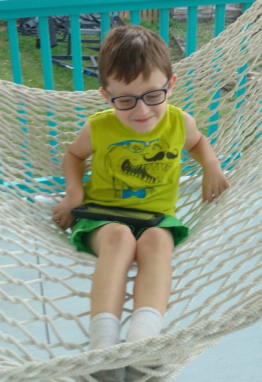 Another photo just before the trip to Boston's doctors....He tell us how brave and strong he is...and he showed me he is very strong by getting in and out of this hammock all by himself. 