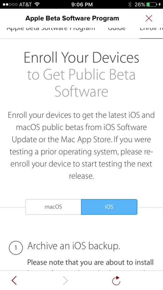 Select "iOS" on the first screen with information about enrolling your Apple iPhone in the public beta program.