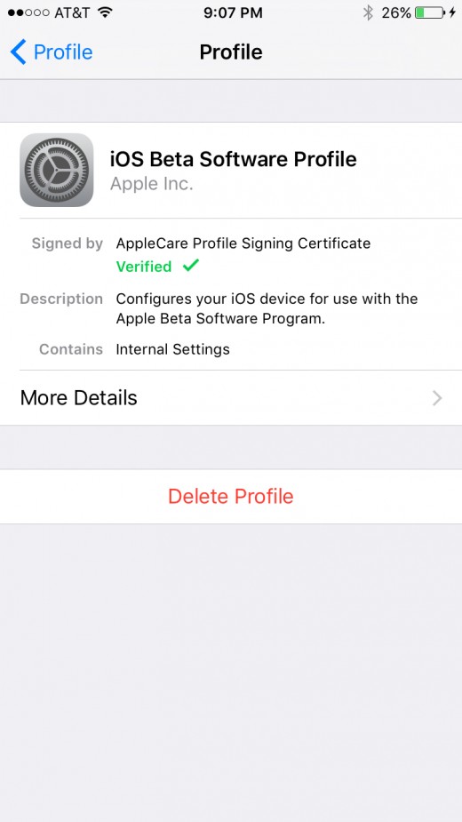 After the iOS Public Beta Profile is complete, you'll notice that profile is verified.