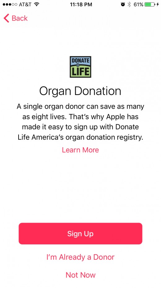 You can start the organ donor sign-up process at the Organ Donation screen.