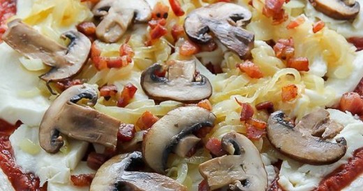 Mushroom Pizza with Pancetta and Caramelized Onions