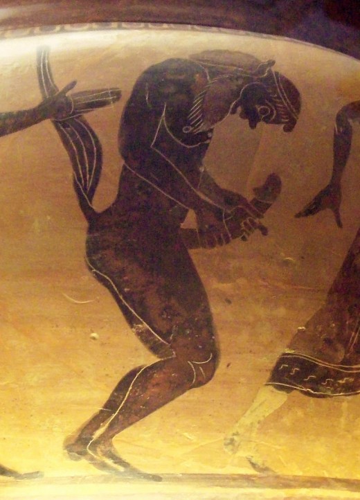 A silenus masturbating. Detail of side B of a Greek column krater showing two sileni and a maenad in a Dionysiac scene