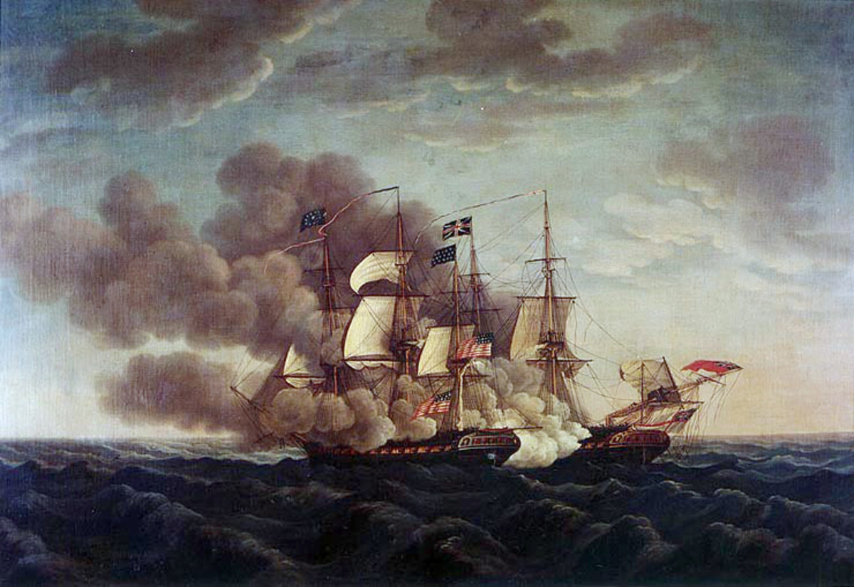 Painting of the British ship, HMS Guerriere, by Michel Felice Corne (1752-1845). Sailors and captain set fire to it after defeat in 1812. 