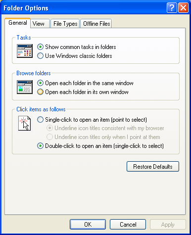 The Folder Options dialog box in Windows XP