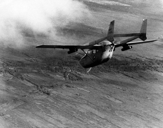 USAF O-2A forward air control aircraft flying over Vietnam.