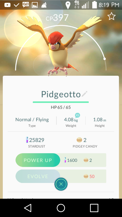 Pidgeotto is the evolved form of Pidgey. When you have 50 the Evolve button will be green and you can evolve him.