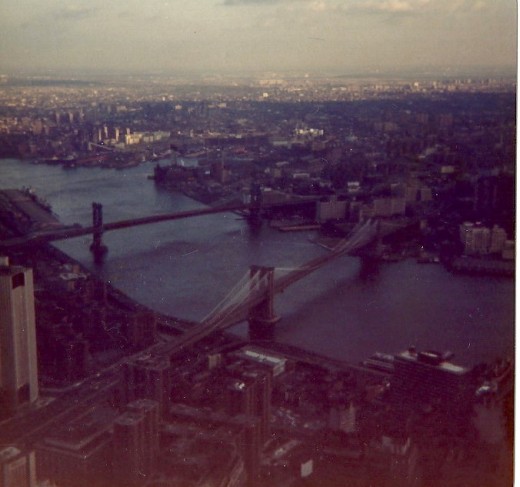 View of the bridges between Brooklyn and Lower Manhatten, circa 1979.