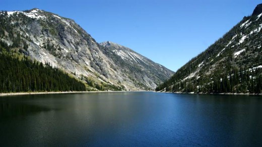 The lakes in the canyons of the Bitterroot Mountains were formed when, in the late 1930s, men went in and dammed the creeks to capture the snowmelt to be used in the Bitterroot valley during the summer dry seasons.