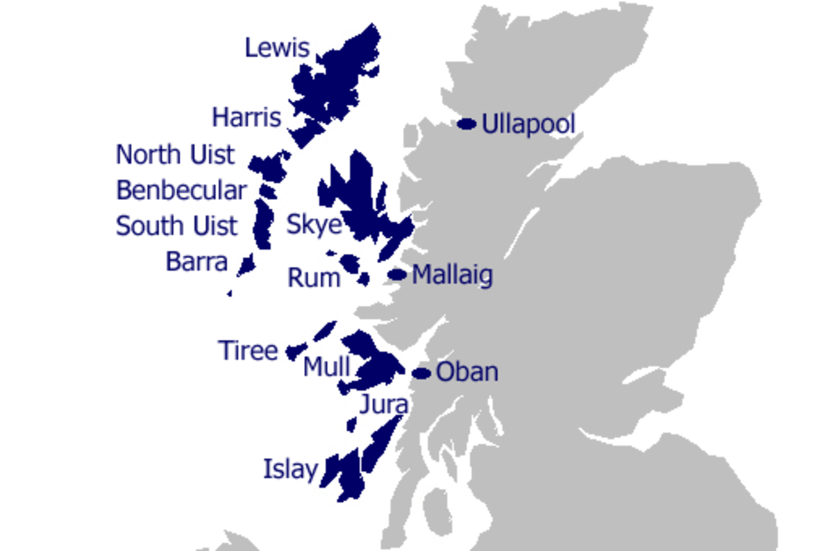 The Inner Hebrides - Mull is bottom centre, with Iona on its seaward side