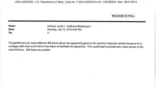 Wikileaks email from Secretary of State Hillary Clinton's deputy chief of staff Jaske Sullivan to Clinton, July 12, 2010