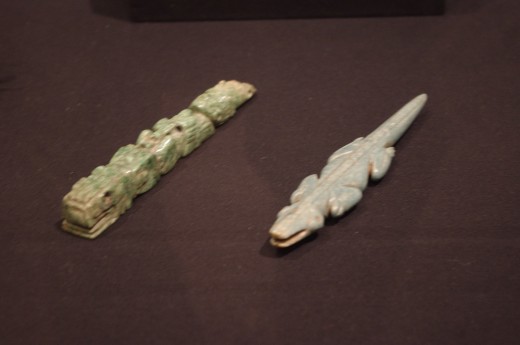 "Crocodile Effigy Pendant" Made of jadeite. Yes I know there's two in this picture but the Aztecs spoke in singular. 