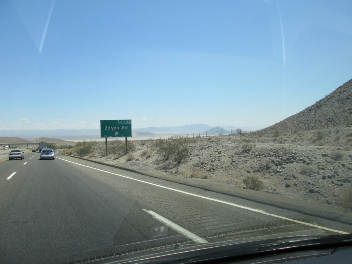 The exit to ZZyzx in Mojave National Preserve from I-15.
