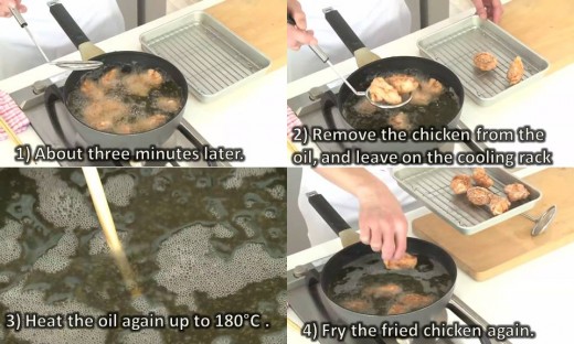 Remove the chicken from the oil, then raise the temperature of oil to 180°C, and fry the chicken for the second time about one minute.