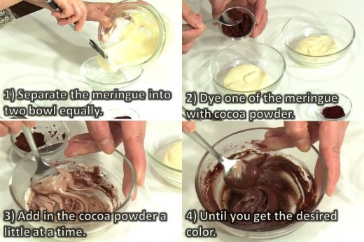 dying the meringue with cocoa powder.