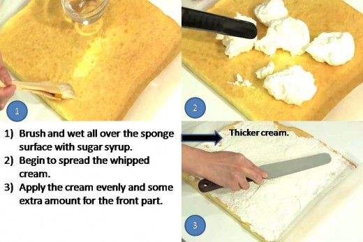 Brush the flat sponge with the sugar syrup, then apply the whipped cream.