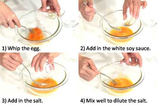 Beat the egg and dilute the salt into the egg.