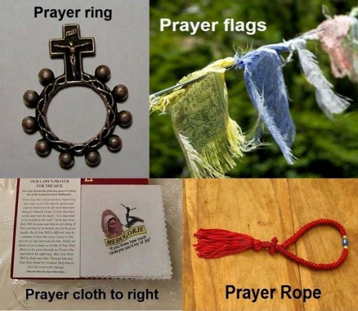 Prayer ring, prayer flags, prayer cloth, and prayer rope are idolatrous.