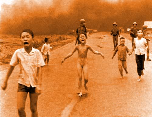 The affects of napalm as used by the US against the Communist forces in the Vietnam conflict.