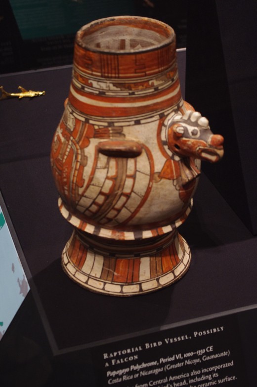 "Raptorial Bird Vessel, Possibly a Falcon" Papagayo Polychrome (Period VI, 1000-1350 CE). Made of earthenware, white slip overall, with painted decoration. "Here drink from this" said the invaders... I mean sailors...
