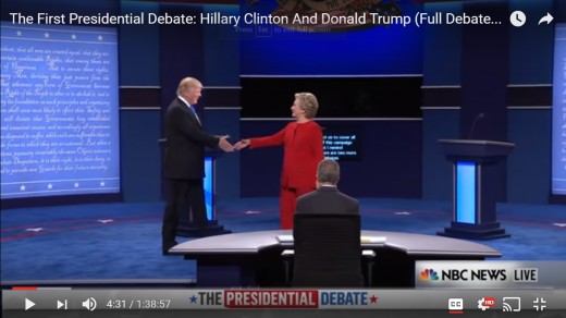 HRC steps into the handshake, further moving her left shoulder away and creating distance between the two candidates. DJT remains squarely faced forward toward HRC. 
