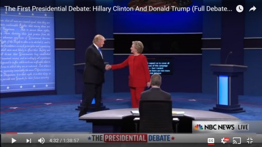 DJT steps into the handshake, bringing his body closer to HRC's arm. HRC leans forward toward DJT with the right side of her body, while her left shoulder pulls further away; with HRC's left arm behind her torso, and distance is maintained.