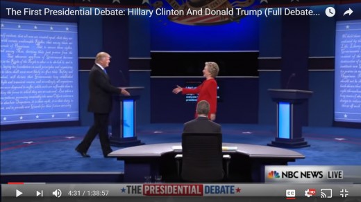 HRC's palm is stiffly flexed and held sideways, arm at chest height.  DJT's palm held upwards, arm between hip and chest height, and palm more relaxed. HRC's head pulled stiffly back away from right arm.