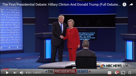 Photo Op moment. DJT has moved, with his left arm, the candidates are closer and both turn towards the audience.
