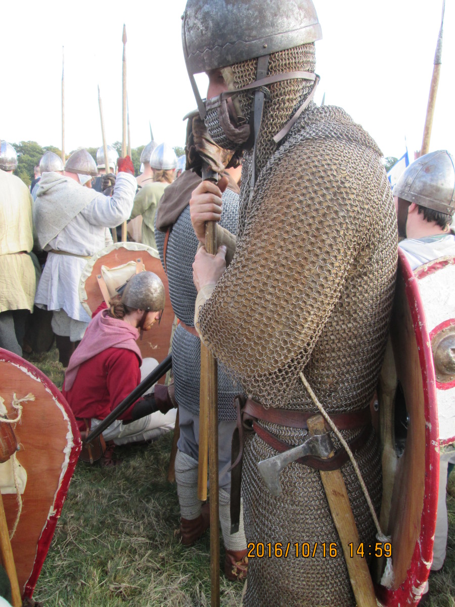 The re-enactors, English or Norman side, come from many walks of life and from many countries. Some that joined Harold's shield wall came from Milan in northern Italy to swell the numbers in this 950th year  