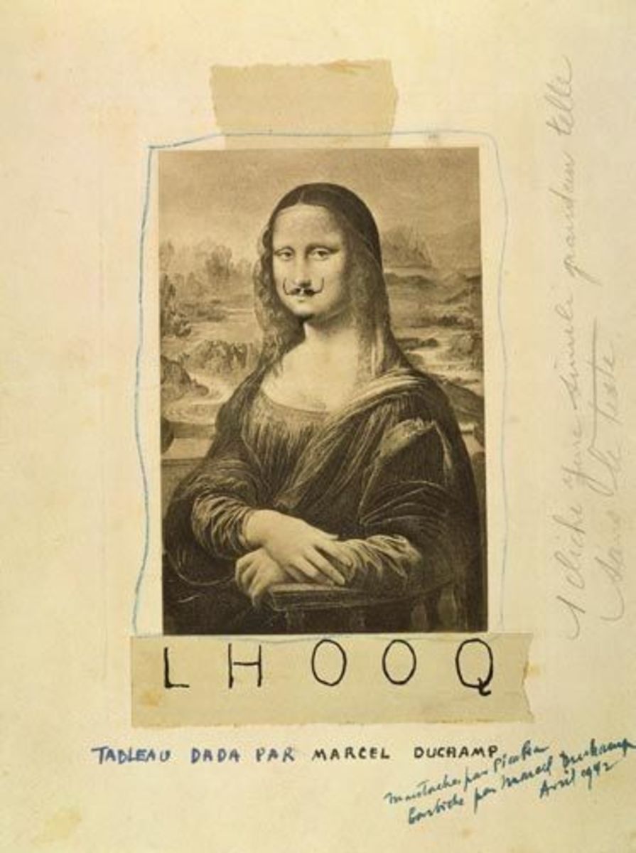Marcel Duchamp's 1919 parody of the piece titled ",L.H.O.O.Q, Mona Lisa With Mustache", L.H.O.O.Q. is a French pun, the letters pronounced in French sound like ",Elle a chaud au cul,", which translates to ",She is hot in the arse",