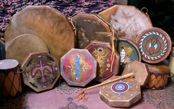 Handmade leather drums made by Taos Pueblo native momaLynn