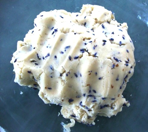 Lavender shortbread dough ready to be rolled out and cut into cookies.