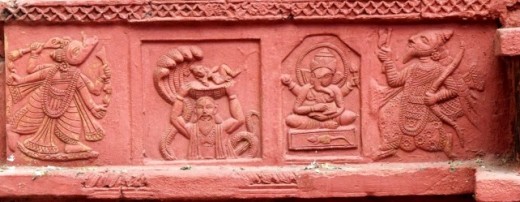 Varahavatar, Basudev carrying baby Krishna, Lord Ganesha & Parashurama : Left base panel : Nandadulal Jiu ntemple, Gurap
