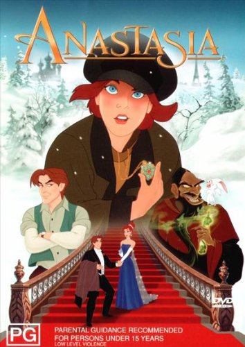 Some of the characters from the Anastasia 1997 animated film: Anya, Dimitri and Rasputin. The weird and evil-looking guy on the right is supposed to be Rasputin. He's the villain in the Anastasia movie.