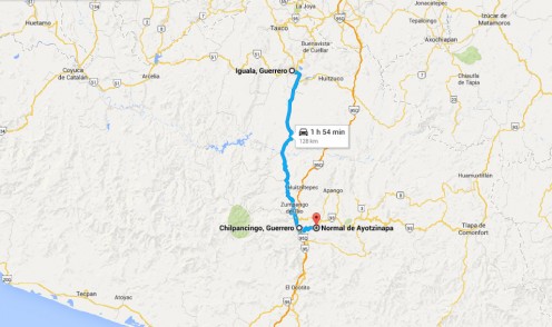 Map from Ayotzinapa to Iguala 