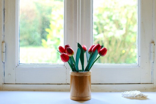 A glass window with flower.