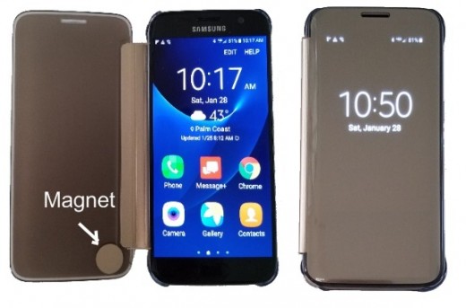 Left: Gold flip-case showing the magnet which turns off the display, within about 5 seconds, when case is closed. Right: Gold flip-case showing the visibility through the case of the Always On Display data. The display is turned off after 5 seconds.