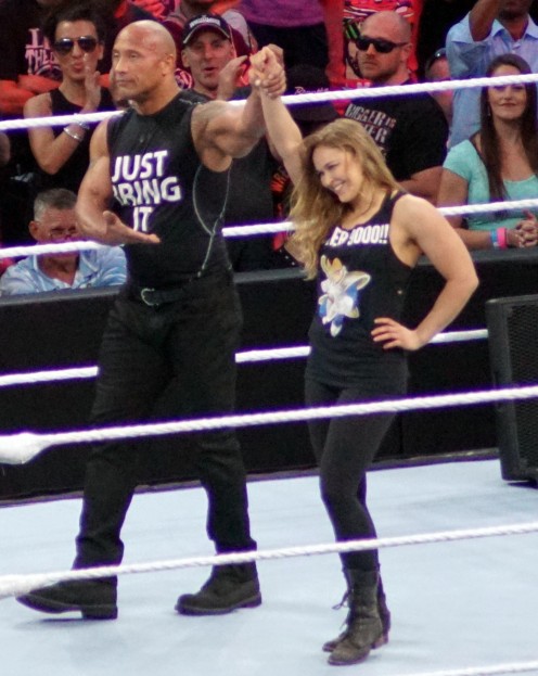 The Rock and UFC champ, Ronda Rousey in the ring at  WrestleMania 31 in March 2015.