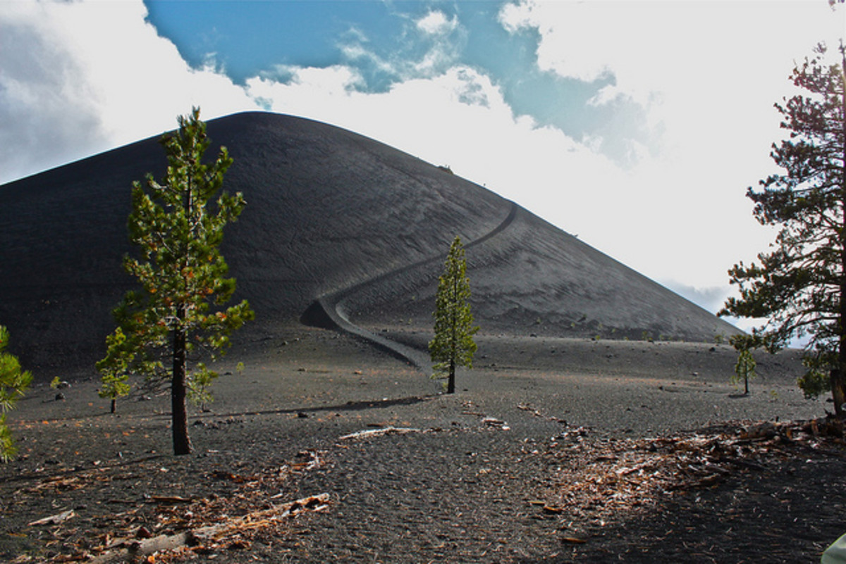 Cinder Cone from near the base, showing the trail upward, and on approach