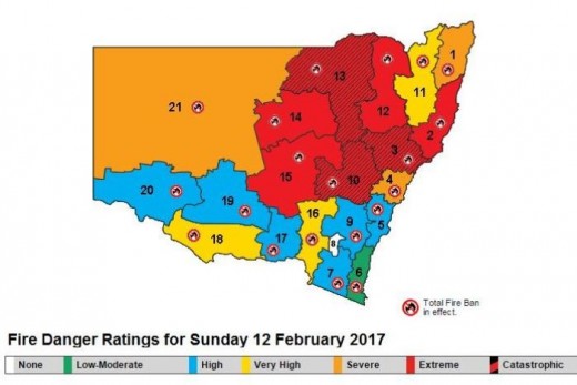 Map of NSW Australia, as shown in the Internet news on Saturday the 11th of February 2017. It is obvious that the people that live in these regions make the right decision, as it may result even in loss of life.   