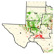 Active oil wells in green and natural gas wells in red are numerous in the Permian Basin.