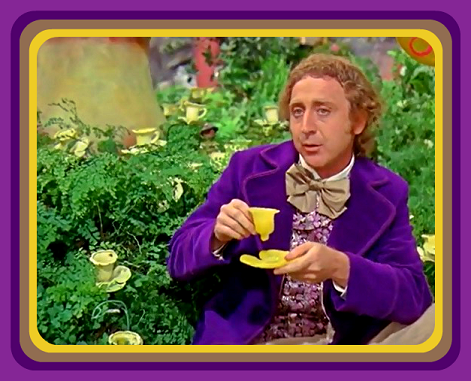 Willy Wonka sits down to drink from a Buttercup while the kids explore and eat candy in his invention room