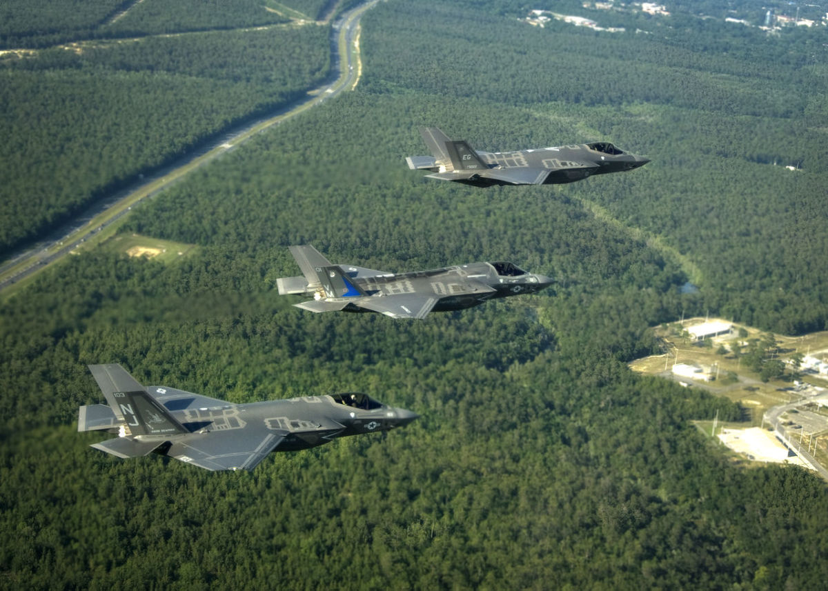A flight of the three versions of the F-35 on version is capable of vertical take-off and landings. All three versions of the F-35 have advanced stealth technology.
