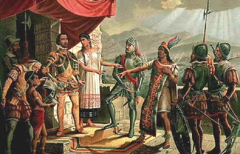 Encounter between Moctezuma and Cortés.