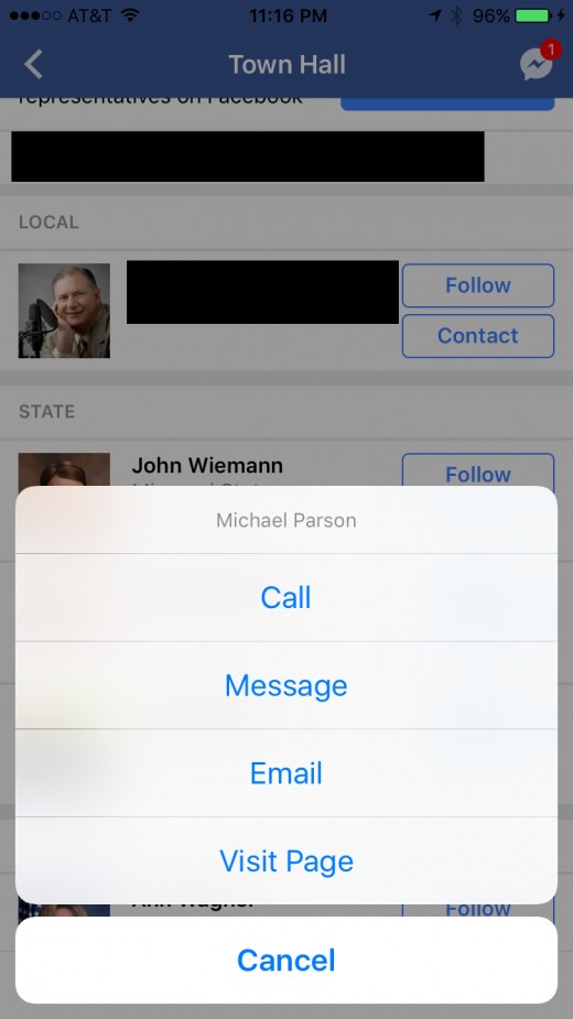 Tapping "Contact" gives you the option to call, send a Facebook message, email, or visit the Facebook Page of the associated political representative.