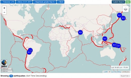 In top map, earthquakes of at least 6.1 magnitude were 40% more plentiful than normal, while in the bottom map such earthquakes were 45% less frequent than usual.