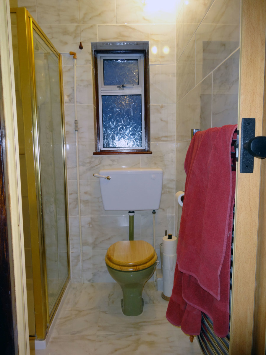 Toilet at the top of the stairs, with shower and sink.
