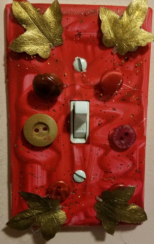 Switch plate decorated in Griffindor colors by a passionate Harry Potter fan.