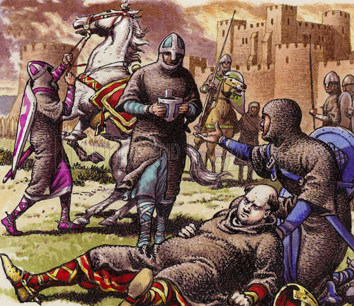 William, having fallen from his horse in pain was tended to by his barons and knights. They tried to make him comfortable..(notice the different coloured horse).
